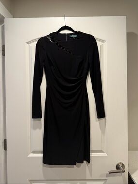Lauren Ralph Lauren Black Long-Sleeve Ruched Cocktail Dress with Lattice Detail